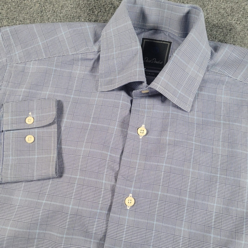 David Donahue Dress Shirt Mens 15.5 34/35 Blue Glen Plaid Trim Fit Cotton